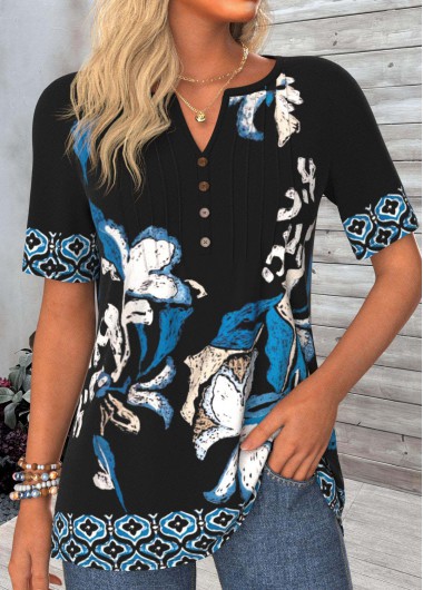 ROTITA Ruched Tribal Print Black Split Neck T Shirt