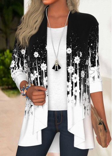 ROTITA Floral Print Black Long Sleeve Light Cardigan