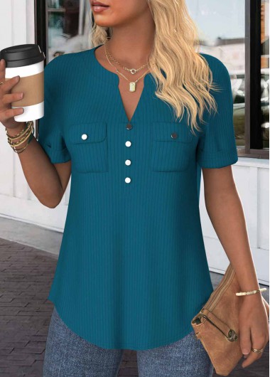 ROTITA Button Peacock Blue Split Neck Short Sleeve Blouse