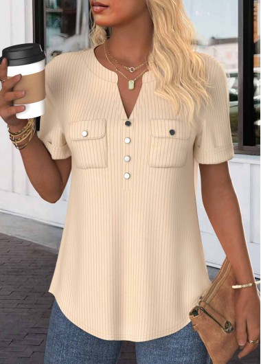 ROTITA Button Light Coffee Split Neck Short Sleeve Blouse