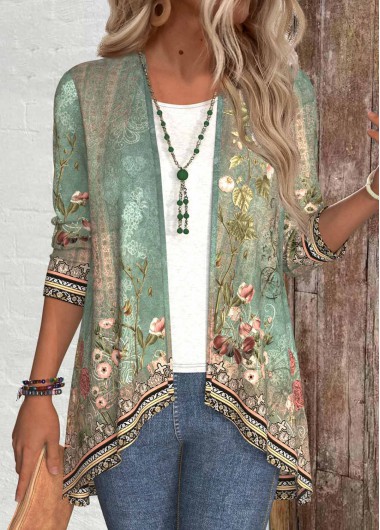 ROTITA Patchwork Floral Print Sage Green Long Sleeve Light Cardigan