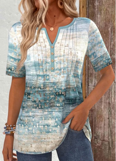 ROTITA Button Ombre Turquoise Split Neck Short Sleeve T Shirt