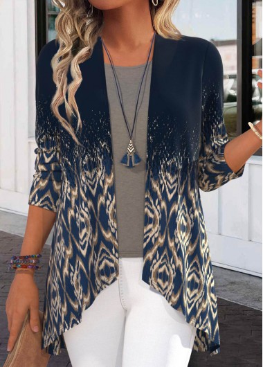 ROTITA Geometric Print Navy 3/4 Sleeve Light Cardigan