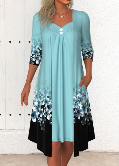 ROTITA Fake 2in1 Floral Print Cyan A Line Dress