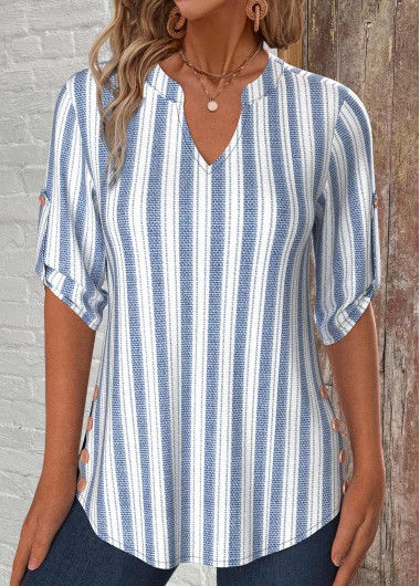 ROTITA Button Striped White Split Neck 3/4 Sleeve Shirt