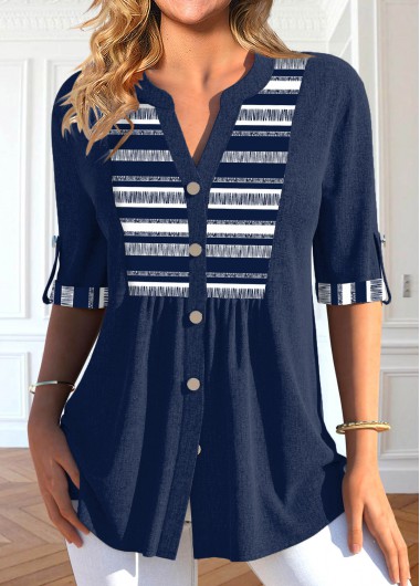 ROTITA Button Striped Navy Split Neck 3/4 Sleeve Shirt
