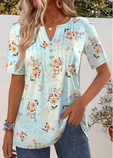 ROTITA Button Floral Print Mint Green Split Neck T Shirt