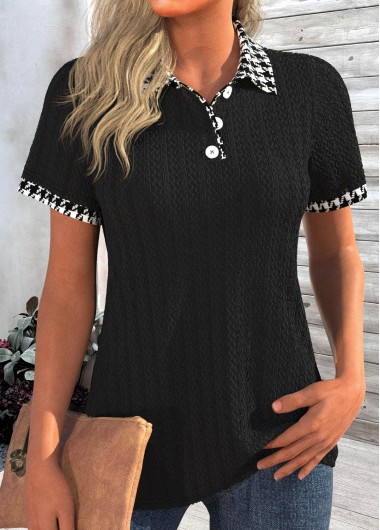 ROTITA Textured Fabric Gingham Print Black Short Sleeve T Shirt
