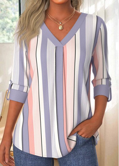 ROTITA Patchwork Striped Light Purple V Neck 3/4 Sleeve Blouse