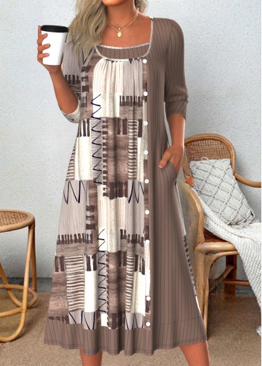 ROTITA Button Geometric Print Gray Brown A Line Dress