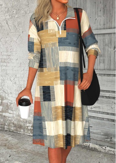 ROTITA Zipper Geometric Print Multi Color A Line Dress