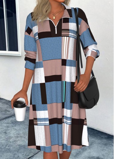 ROTITA Zipper Geometric Print Multi Color A Line Dress