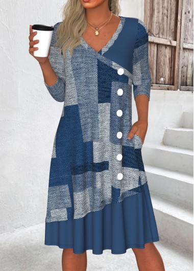 ROTITA Patchwork Geometric Print Denim Blue A Line Dress