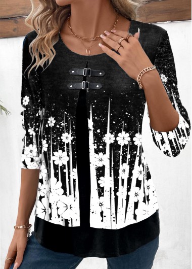 ROTITA Patchwork Floral Print Black Fake Two Piece Twinset