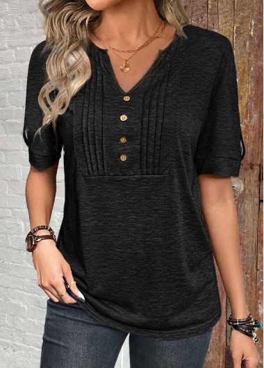 ROTITA Patchwork Black Split Neck Short Sleeve T Shirt