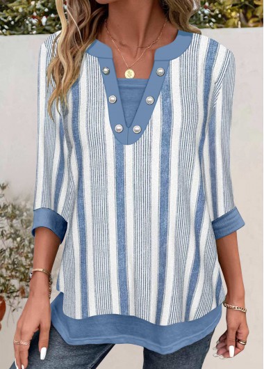ROTITA Patchwork Striped Dusty Blue Split Neck 3/4 Sleeve Shirt