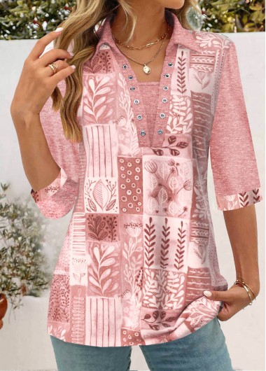 ROTITA Patchwork Geometric Print Light Pink Turn Down Collar Shirt