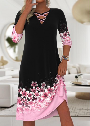ROTITA Criss Cross Floral Print Black A Line Dress