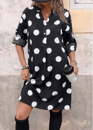 ROTITA Button Polka Dot Black Split Neck Shift Dress