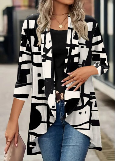 ROTITA Patchwork Geometric Print Black Shawl Collar Light Cardigan