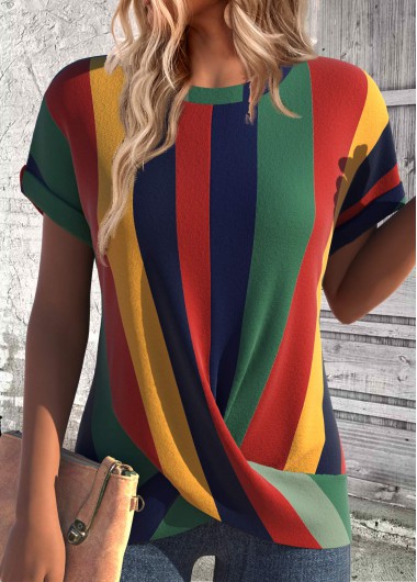 ROTITA Cross Hem Multi Stripe Print Scoop Neck T Shirt