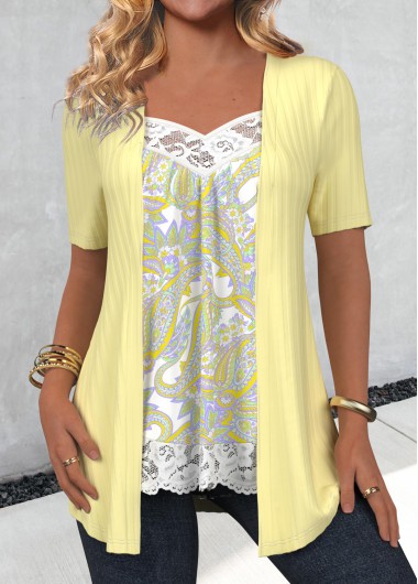 ROTITA Paisley Print Yellow Heart Collar Fake Two Piece Twinset