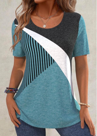 ROTITA Patchwork Geometric Print Turquoise Round Neck T Shirt