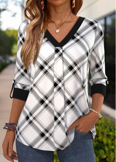 ROTITA Button Plaid Black V Neck Half Sleeve Blouse