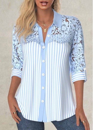 ROTITA Lace Striped Light Blue Long Sleeve Shirt