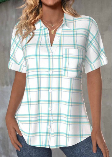 ROTITA Button Plaid Mint Green Short Sleeve Shirt