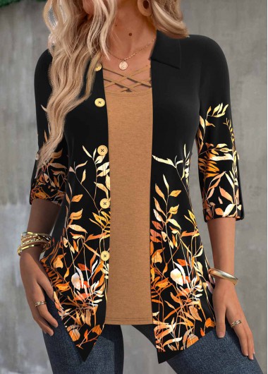 ROTITA Leaf Print Black Shirt Collar Fake Two Piece Twinset
