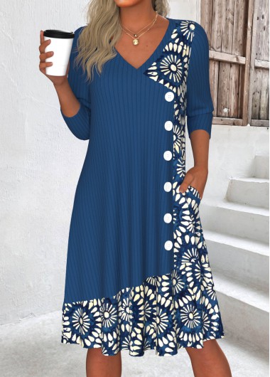 ROTITA Patchwork Tribal Print Blue A Line V Neck Dress