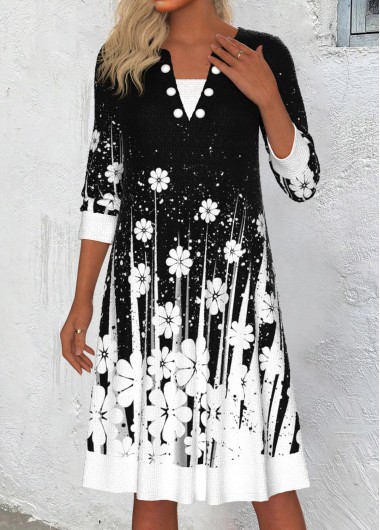 ROTITA Patchwork Floral Print Black A Line Split Neck Dress