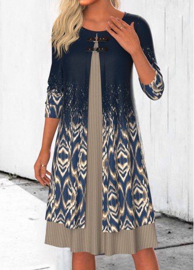 ROTITA Fake 2in1 Tribal Print Navy A Line Dress