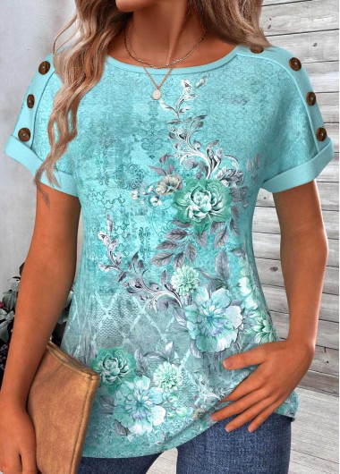 ROTITA Patchwork Floral Print Mint Green Round Neck T Shirt