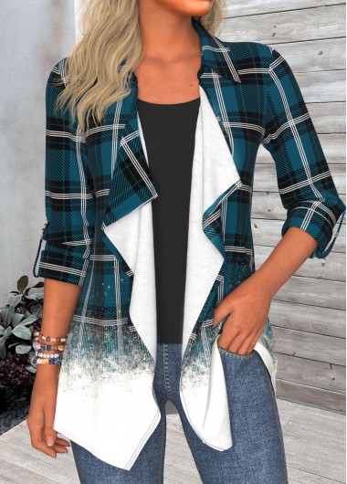 ROTITA Button Plaid Turquoise Long Sleeve Light Cardigan