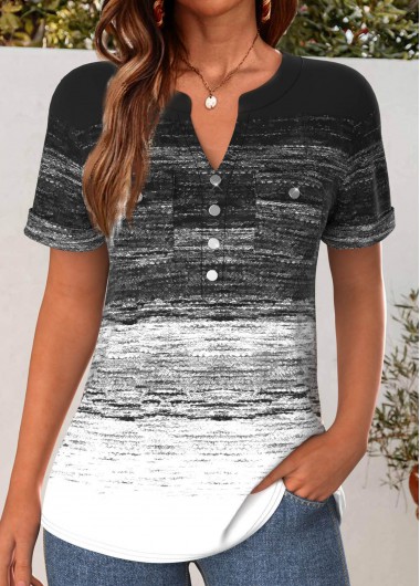 ROTITA Button Ombre Black Split Neck Short Sleeve Shirt