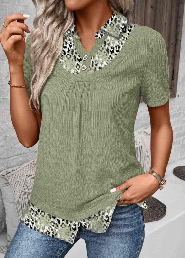 ROTITA Patchwork Leopard Sage Green Short Sleeve T Shirt