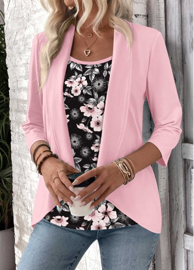 ROTITA Floral Print Light Pink Fake Two Piece Twinset