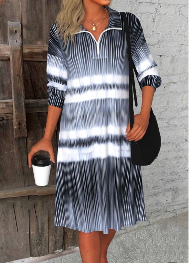 ROTITA Zipper Ombre Navy A Line Turn Down Collar Dress