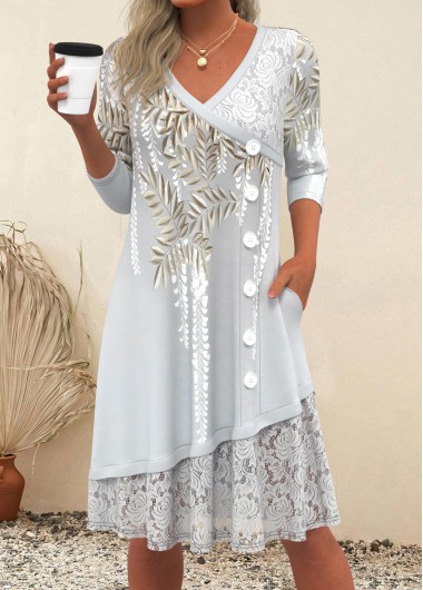 ROTITA Patchwork Floral Print Light Grey A Line Dress