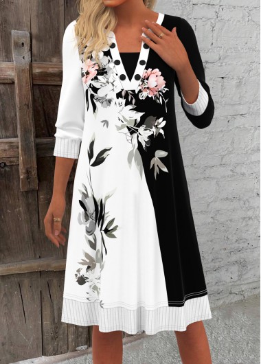ROTITA Patchwork Floral Print Black A Line V Neck Dress