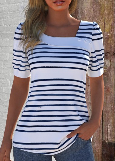 ROTITA Asymmetry Striped White Asymmetrical Neck Short Sleeve T Shirt