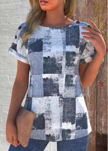ROTITA Button Geometric Print Grey Round Neck T Shirt