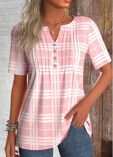 ROTITA Tuck Stitch Plaid Pink Split Neck T Shirt