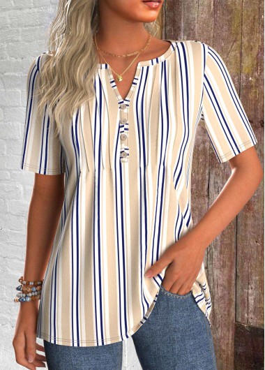 ROTITA Tuck Stitch Striped Light Camel Split Neck T Shirt