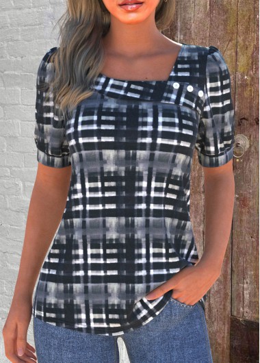 ROTITA Asymmetry Plaid Black Asymmetrical Neck Short Sleeve T Shirt