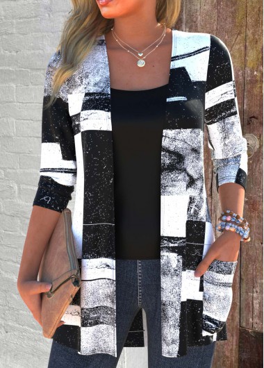 ROTITA Lightweight Geometric Print White Round Neck Light Cardigan