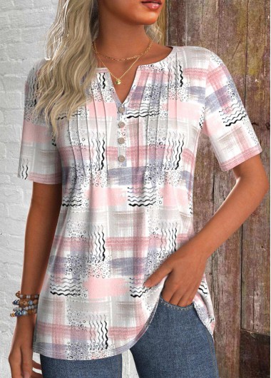 ROTITA Tuck Stitch Geometric Print Light Pink T Shirt