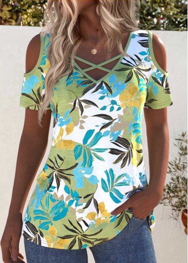 ROTITA Cut Out Leaf Print Avocado Green T Shirt